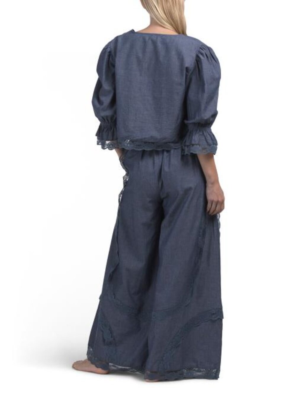SAATVIK 2pc Chambray Puff Sleeve Boho Lounge Set - Picture 2 of 4